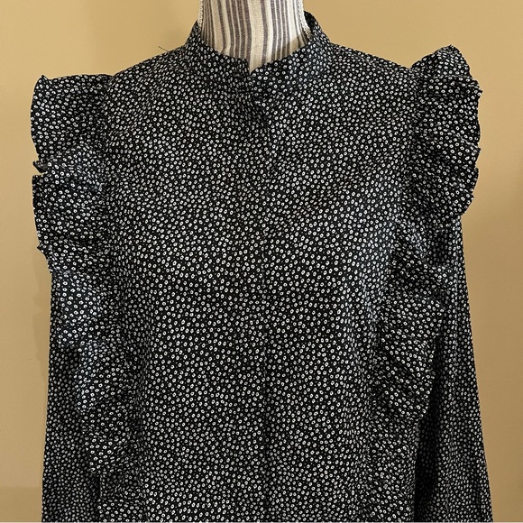 H & M Long Sleeve Blue White Floral Ruffle Prairie Peasant Cottagecore Blouse 12 - Picture 2 of 14